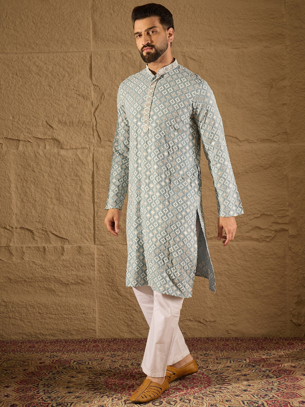 Men Blue Viscose Rayon Solid Embroidered Straight Kurta-MKU1237