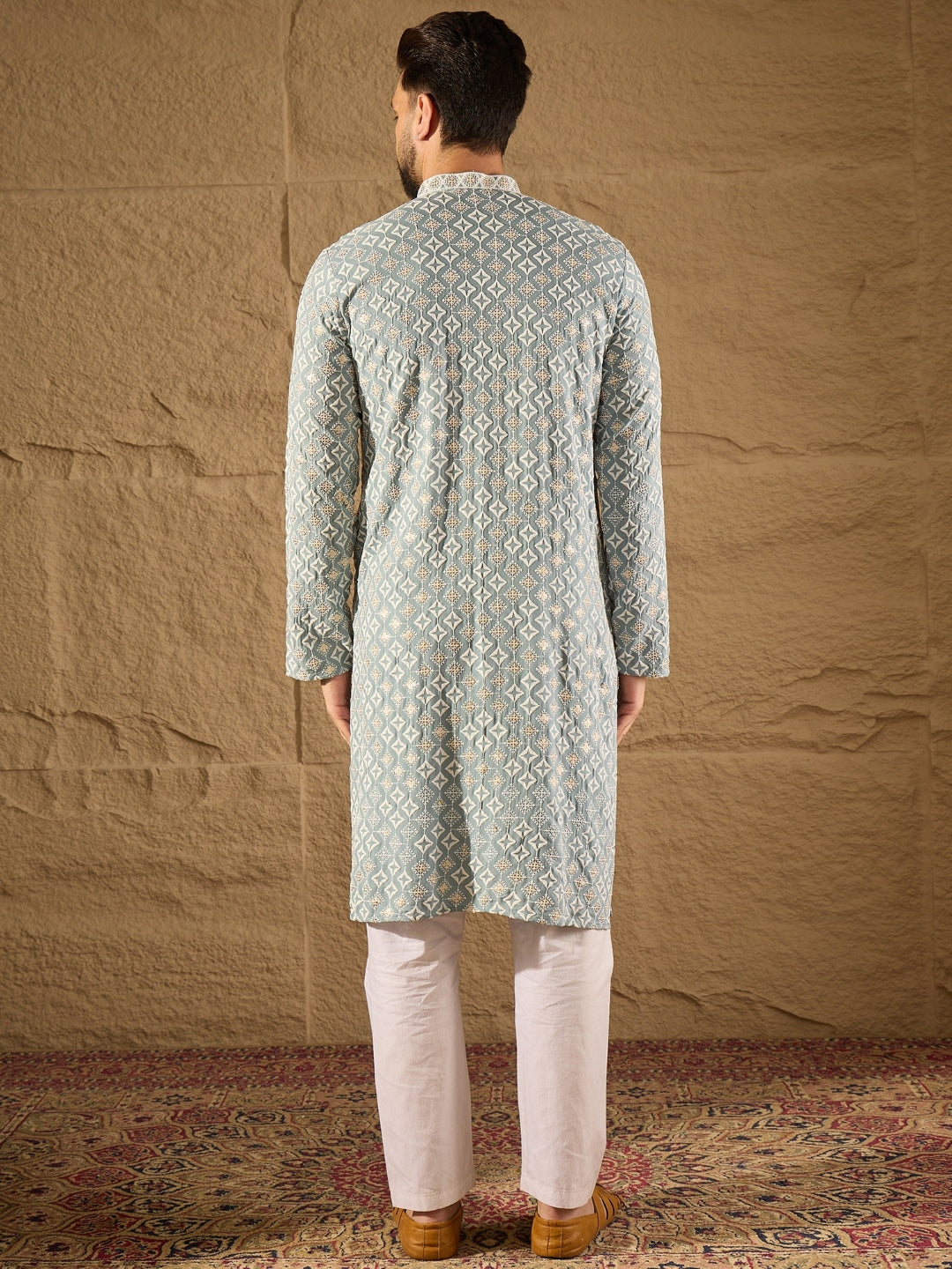 Men Blue Viscose Rayon Solid Embroidered Straight Kurta-MKU1237