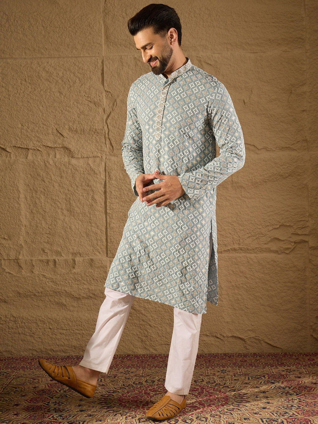 Men Blue Viscose Rayon Solid Embroidered Straight Kurta-MKU1237