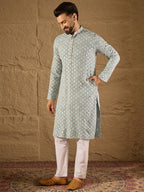 Men Blue Viscose Rayon Solid Embroidered Straight Kurta-MKU1237