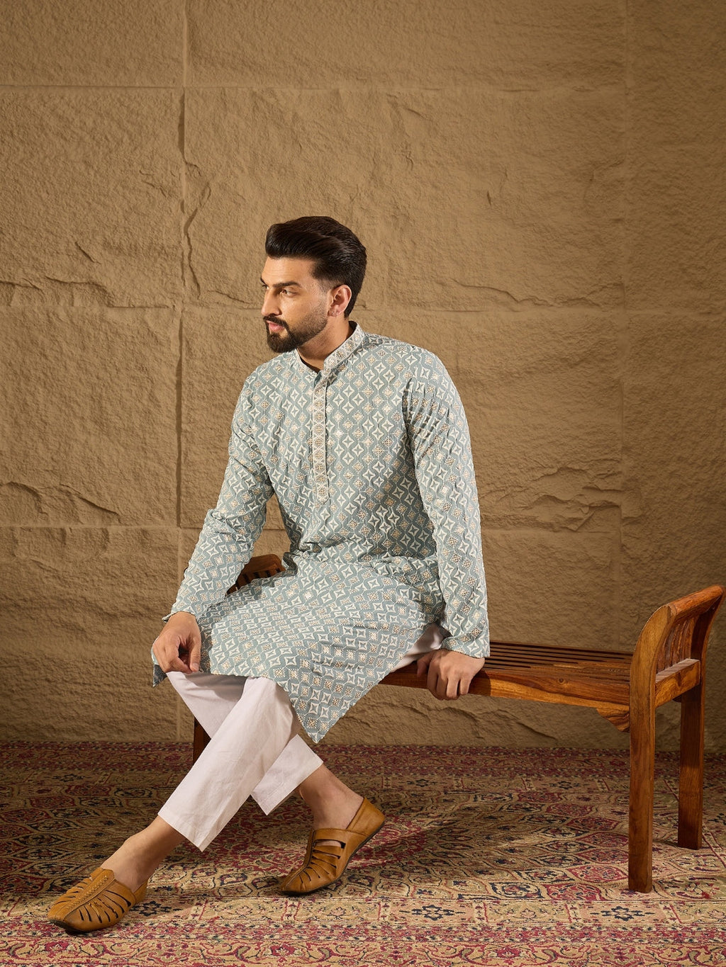 Men Blue Viscose Rayon Solid Embroidered Straight Kurta-MKU1237