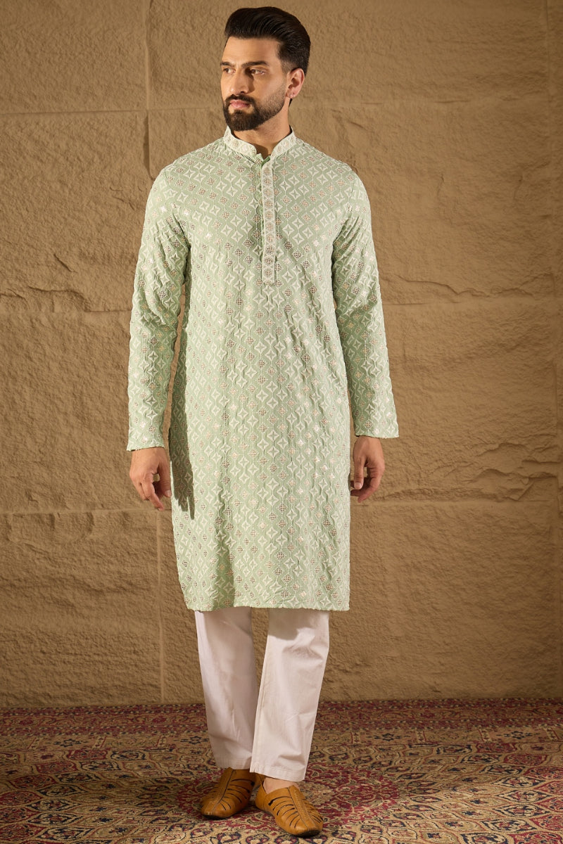 Green Viscose Rayon Solid Embroidered Straight Kurta HOPMKU1238