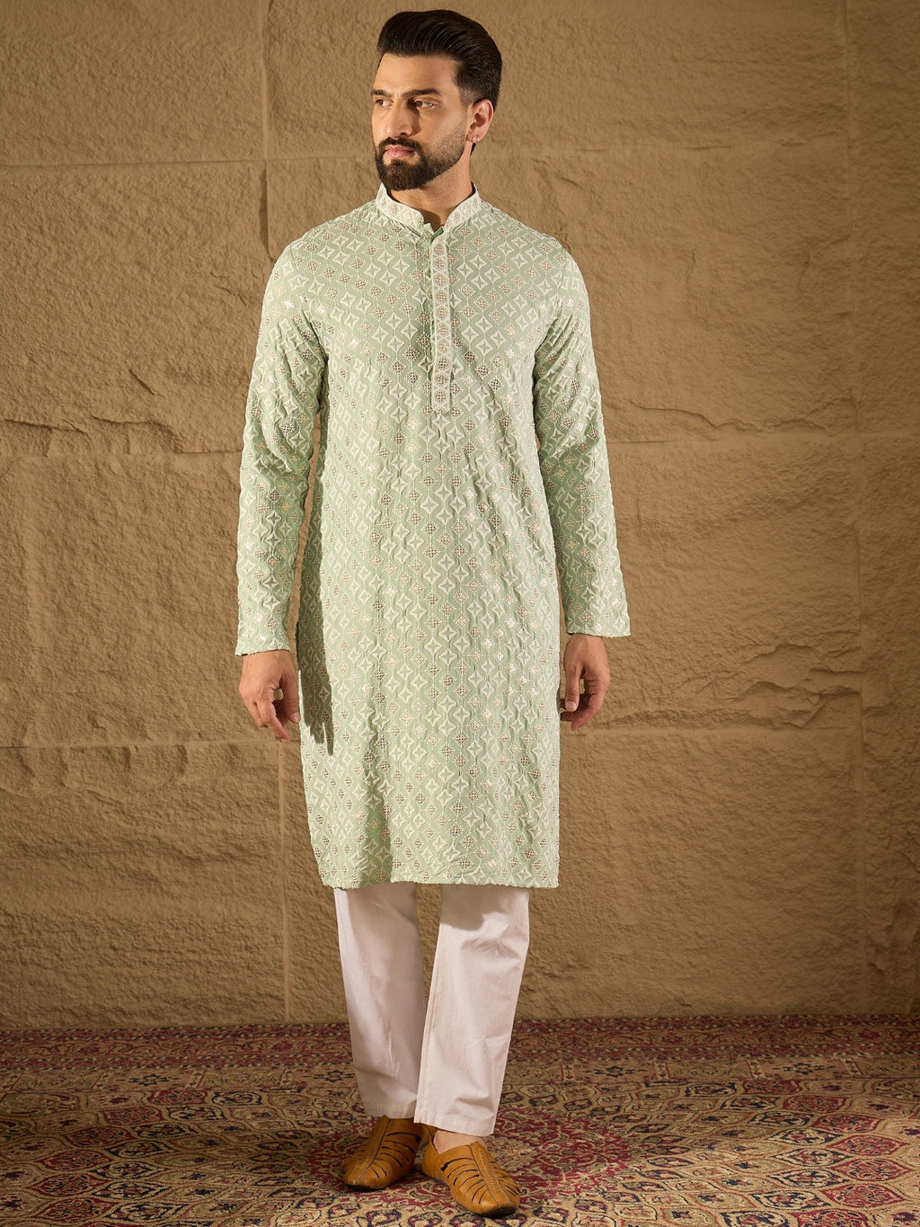 Men Green Viscose Rayon Solid Embroidered Straight Kurta-MKU1238