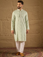 Men Green Viscose Rayon Solid Embroidered Straight Kurta-MKU1238
