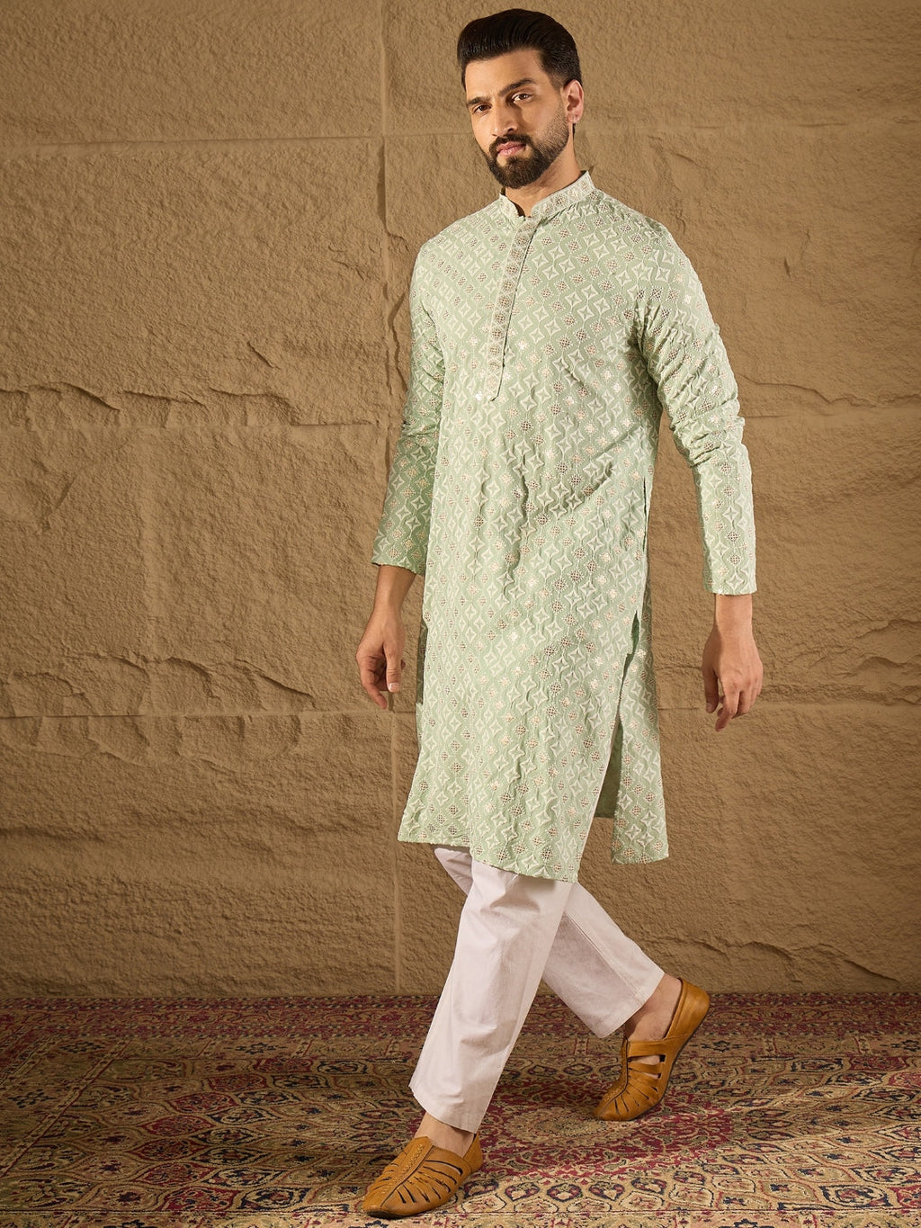 Men Green Viscose Rayon Solid Embroidered Straight Kurta-MKU1238