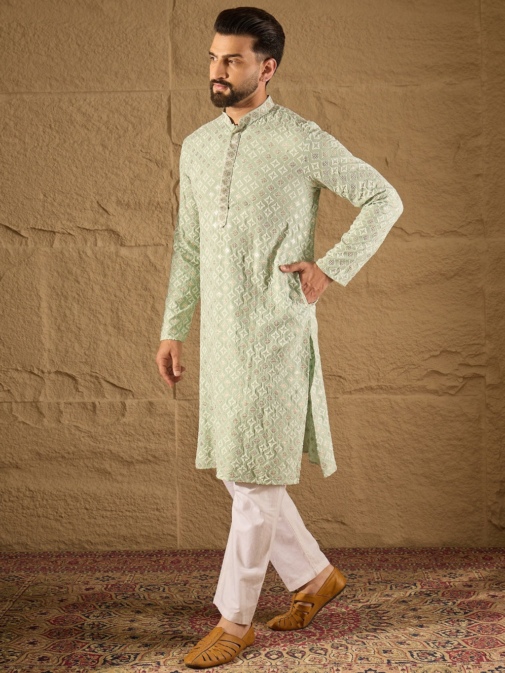 Men Green Viscose Rayon Solid Embroidered Straight Kurta-MKU1238