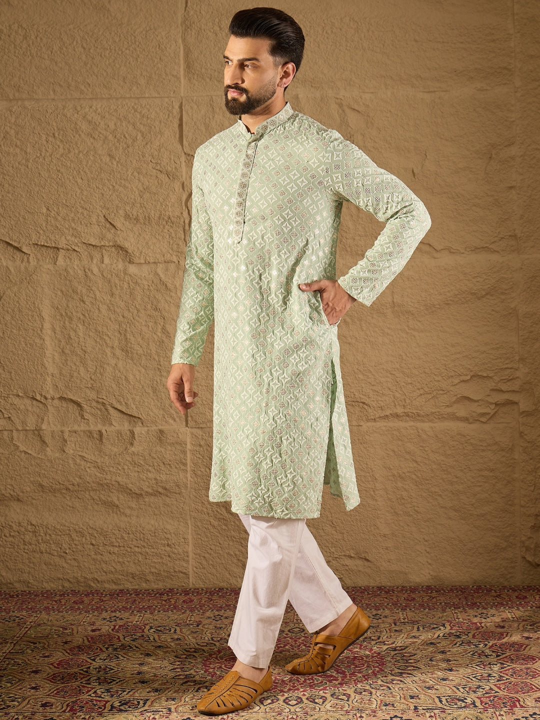 Men Green Viscose Rayon Solid Embroidered Straight Kurta-MKU1238