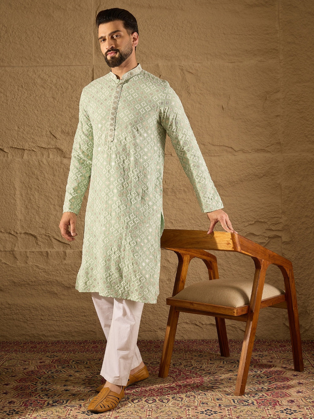 Men Green Viscose Rayon Solid Embroidered Straight Kurta-MKU1238