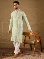 Men Green Viscose Rayon Solid Embroidered Straight Kurta-MKU1238