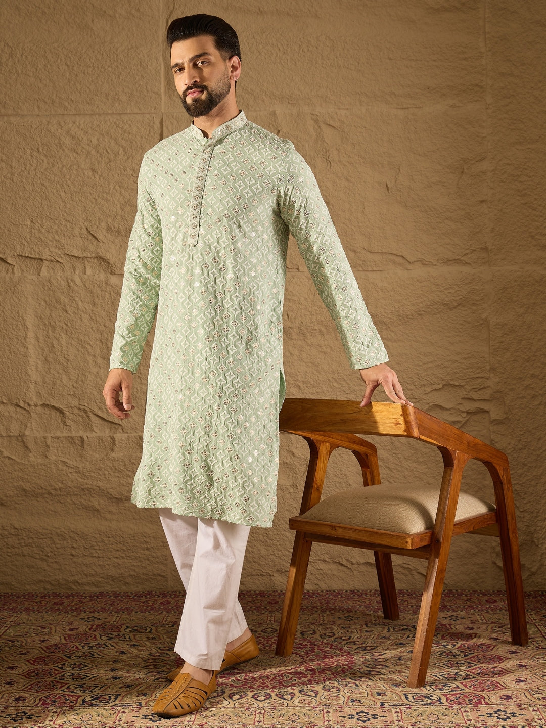 Men Green Viscose Rayon Solid Embroidered Straight Kurta-MKU1238