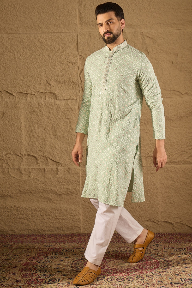 Green Viscose Rayon Solid Embroidered Straight Kurta HOPMKU1238