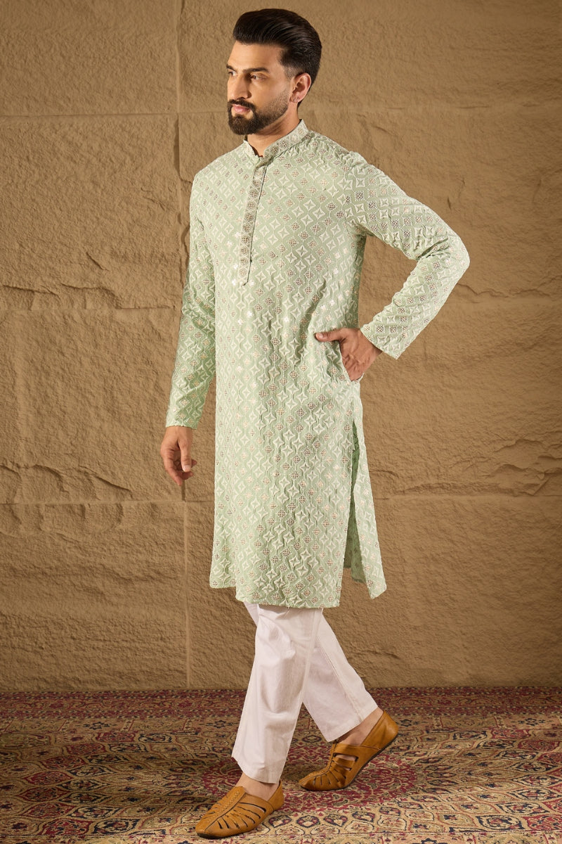 Green Viscose Rayon Solid Embroidered Straight Kurta HOPMKU1238