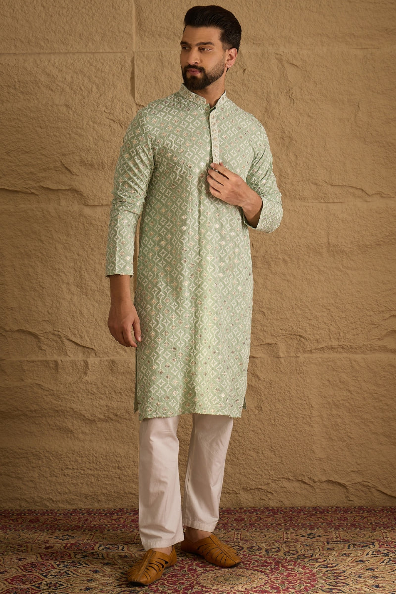 Green Viscose Rayon Solid Embroidered Straight Kurta HOPMKU1238