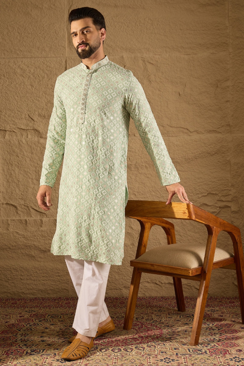 Green Viscose Rayon Solid Embroidered Straight Kurta HOPMKU1238
