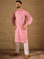 Men Pink Viscose Rayon Bandhani Embroidered Straight Kurta-MKU1245