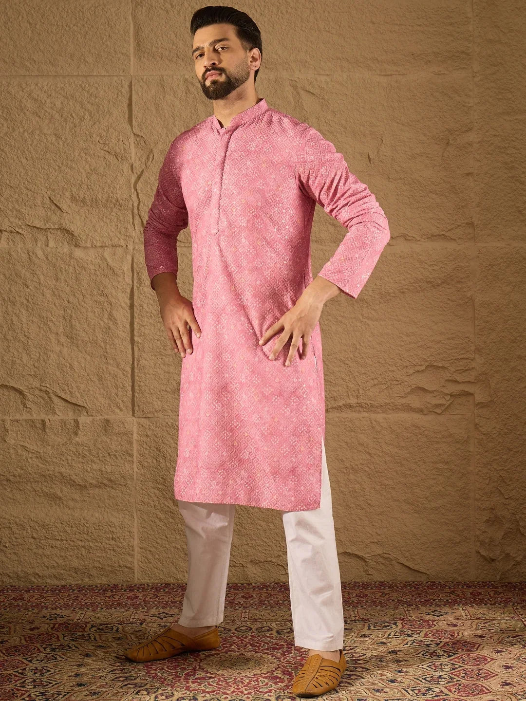 Men Pink Viscose Rayon Bandhani Embroidered Straight Kurta-MKU1245