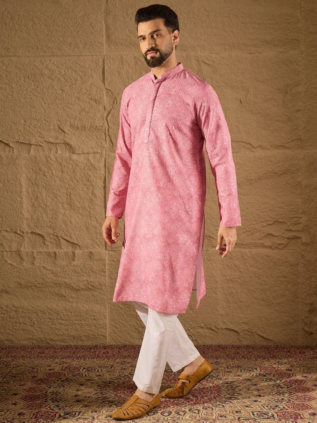 Men Pink Viscose Rayon Bandhani Embroidered Straight Kurta-MKU1245