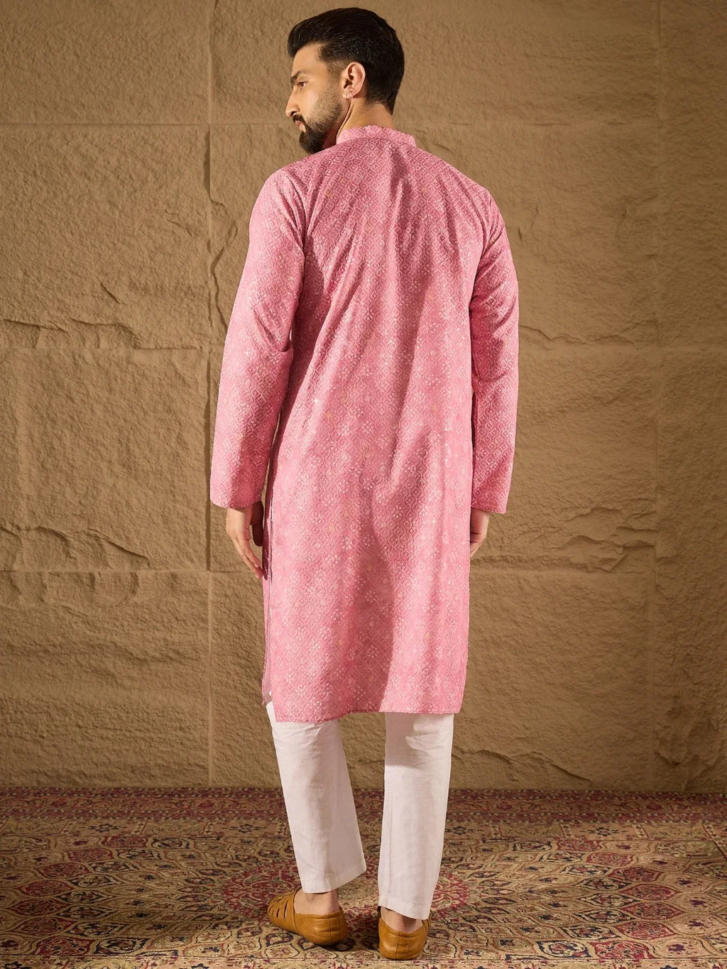 Men Pink Viscose Rayon Bandhani Embroidered Straight Kurta-MKU1245