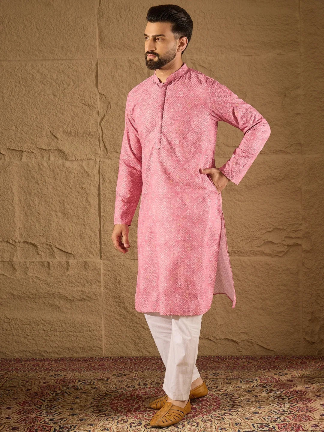 Men Pink Viscose Rayon Bandhani Embroidered Straight Kurta-MKU1245