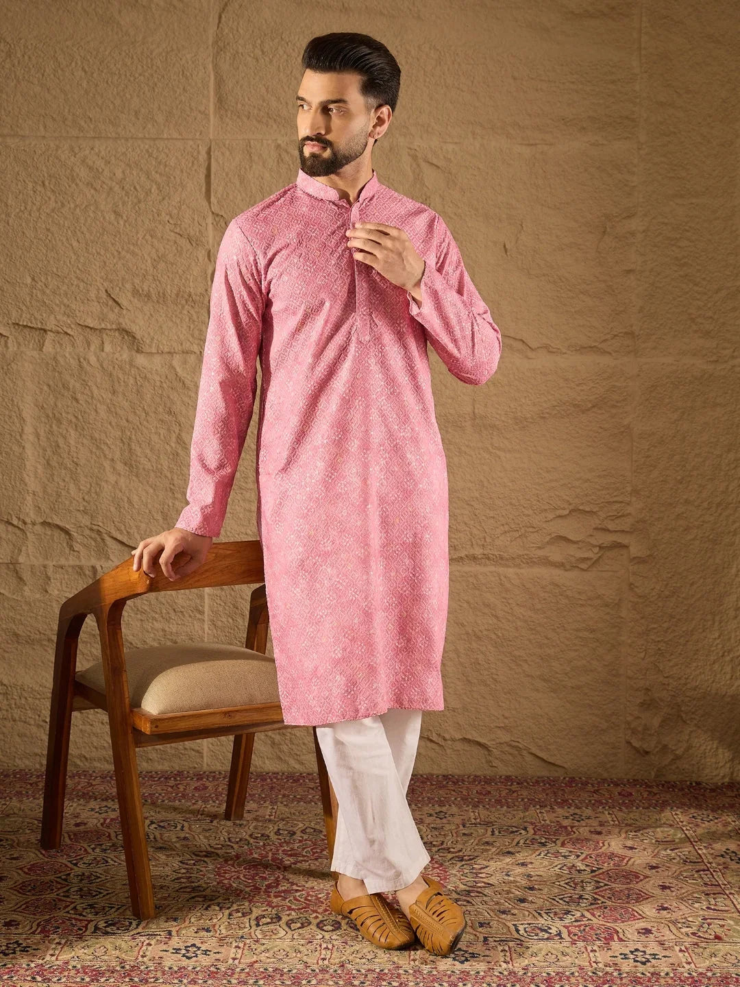 Men Pink Viscose Rayon Bandhani Embroidered Straight Kurta-MKU1245