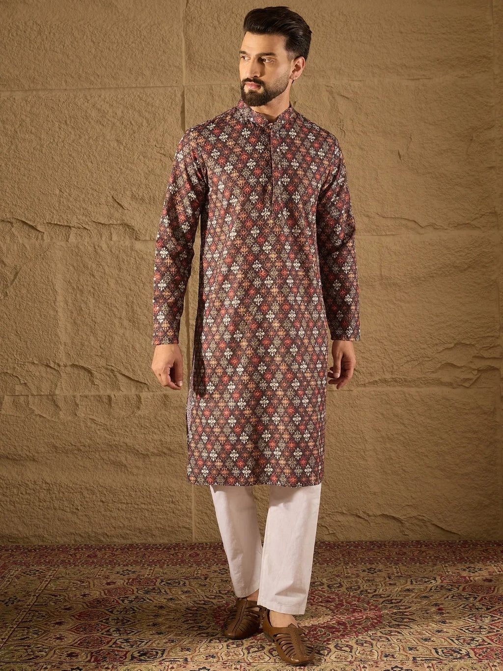 Men Brown Viscose Rayon Ethnic Motifs Embroidered Straight Kurta-MKU1248