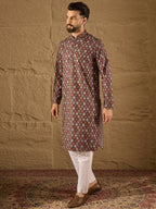 Men Brown Viscose Rayon Ethnic Motifs Embroidered Straight Kurta-MKU1248