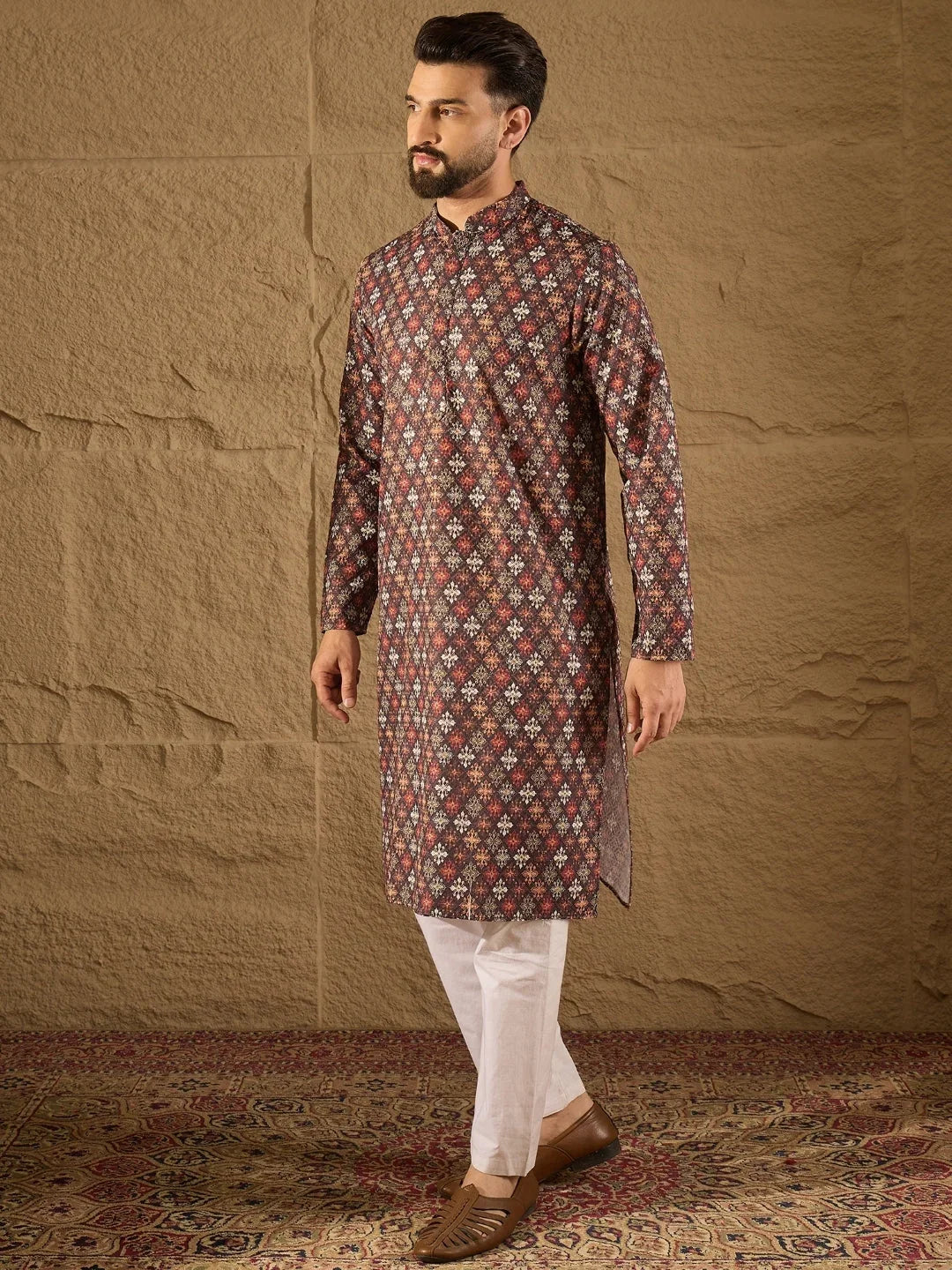 Men Brown Viscose Rayon Ethnic Motifs Embroidered Straight Kurta-MKU1248