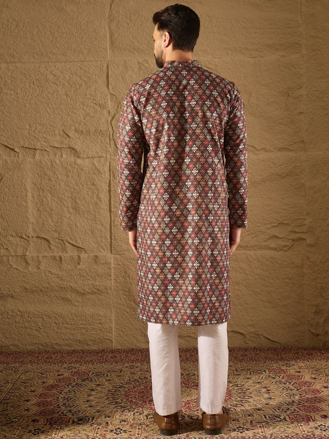 Men Brown Viscose Rayon Ethnic Motifs Embroidered Straight Kurta-MKU1248