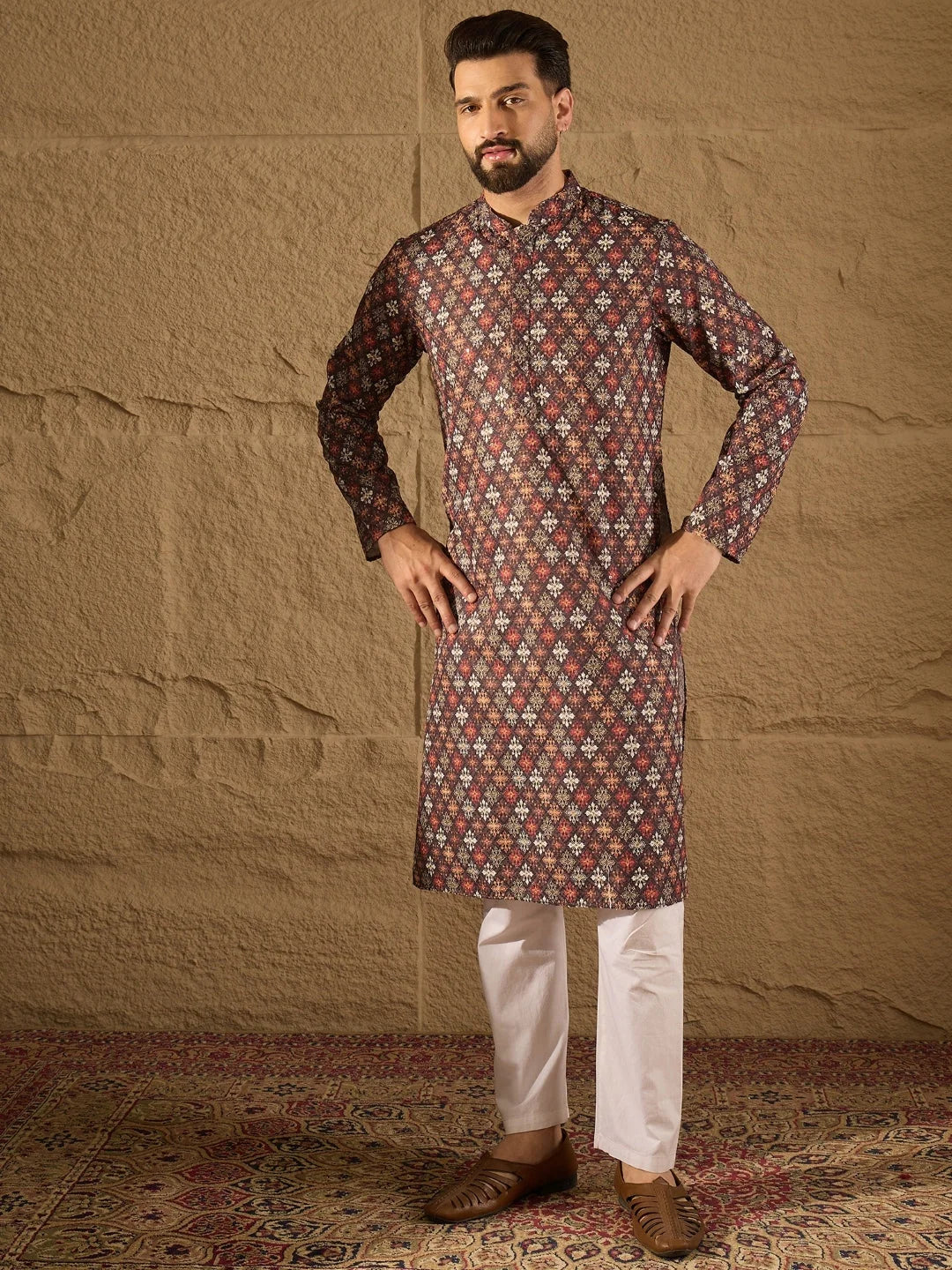 Men Brown Viscose Rayon Ethnic Motifs Embroidered Straight Kurta-MKU1248