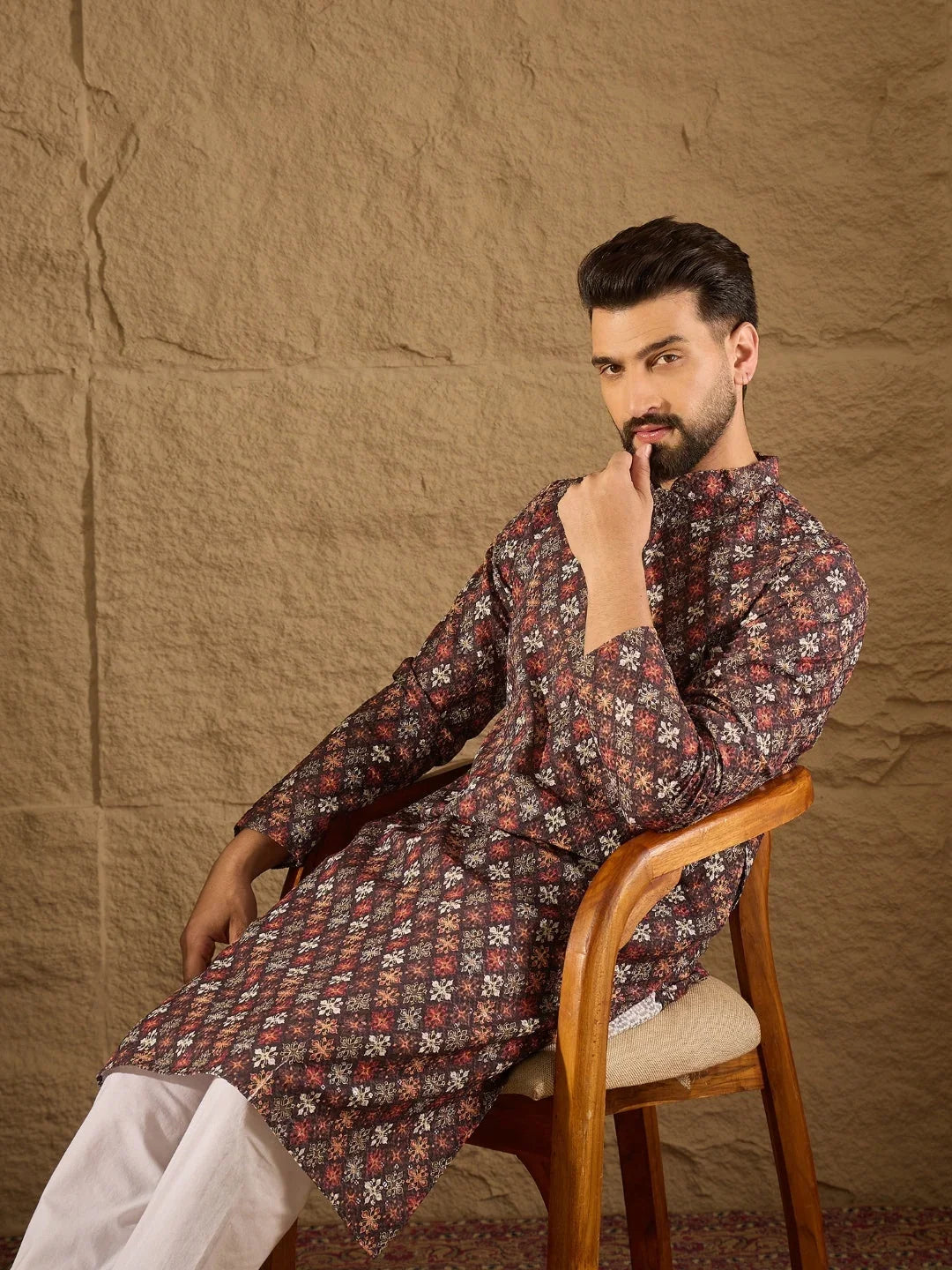 Men Brown Viscose Rayon Ethnic Motifs Embroidered Straight Kurta-MKU1248