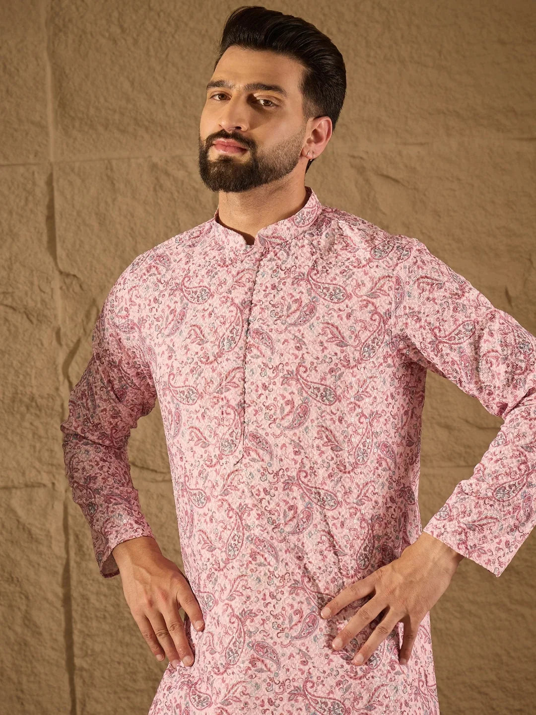Men Pink Viscose Rayon Ethnic Motifs Embroidered Straight Kurta-MKU1249