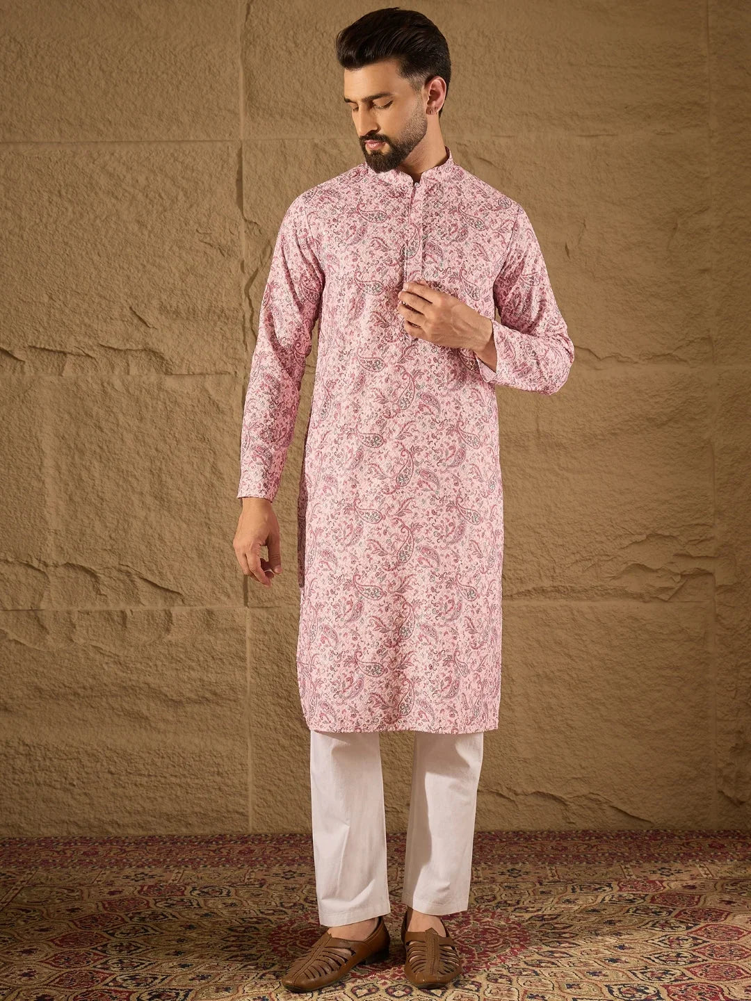 Men Pink Viscose Rayon Ethnic Motifs Embroidered Straight Kurta-MKU1249