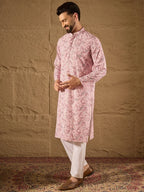 Men Pink Viscose Rayon Ethnic Motifs Embroidered Straight Kurta-MKU1249