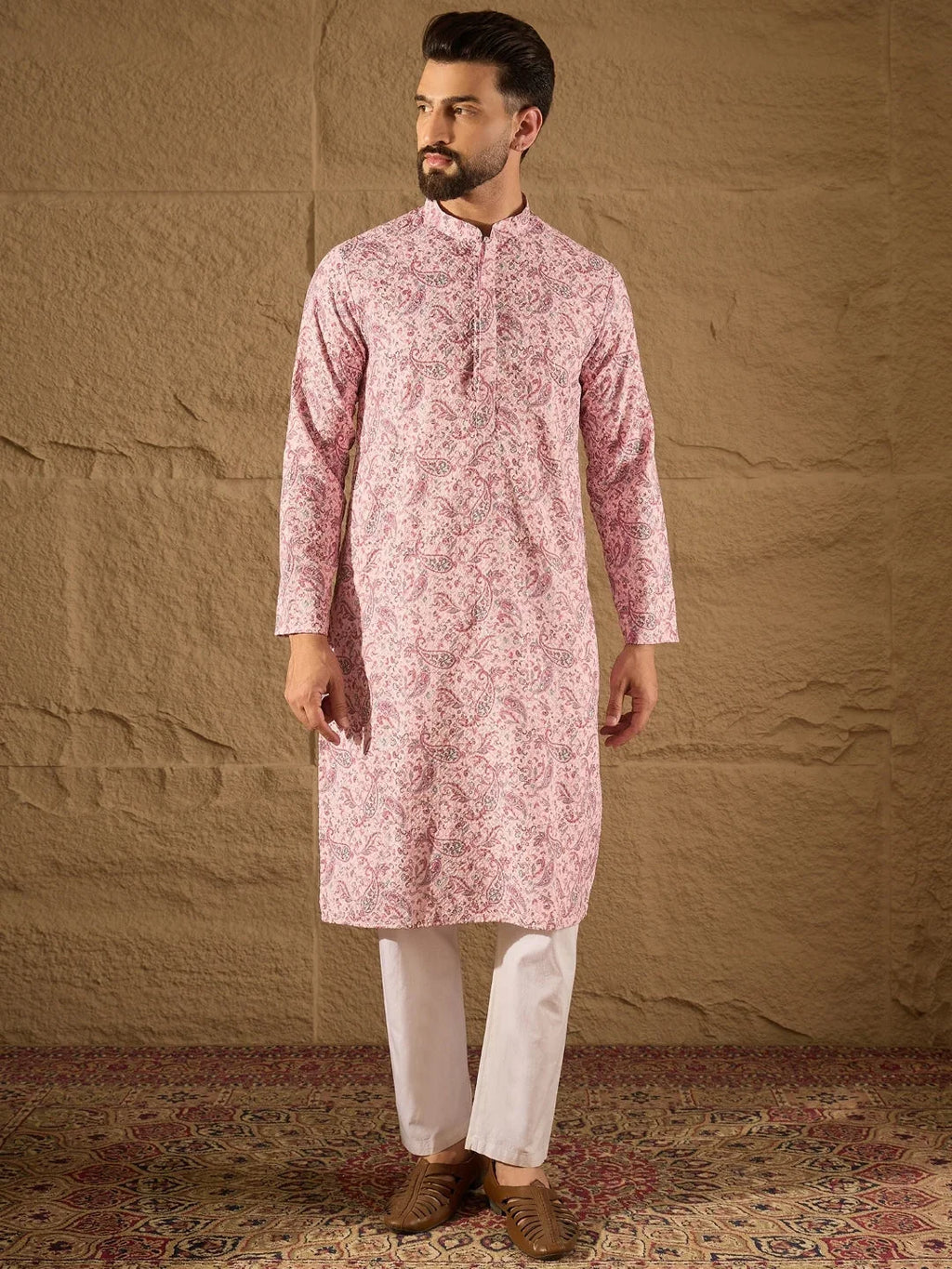 Men Pink Viscose Rayon Ethnic Motifs Embroidered Straight Kurta-MKU1249