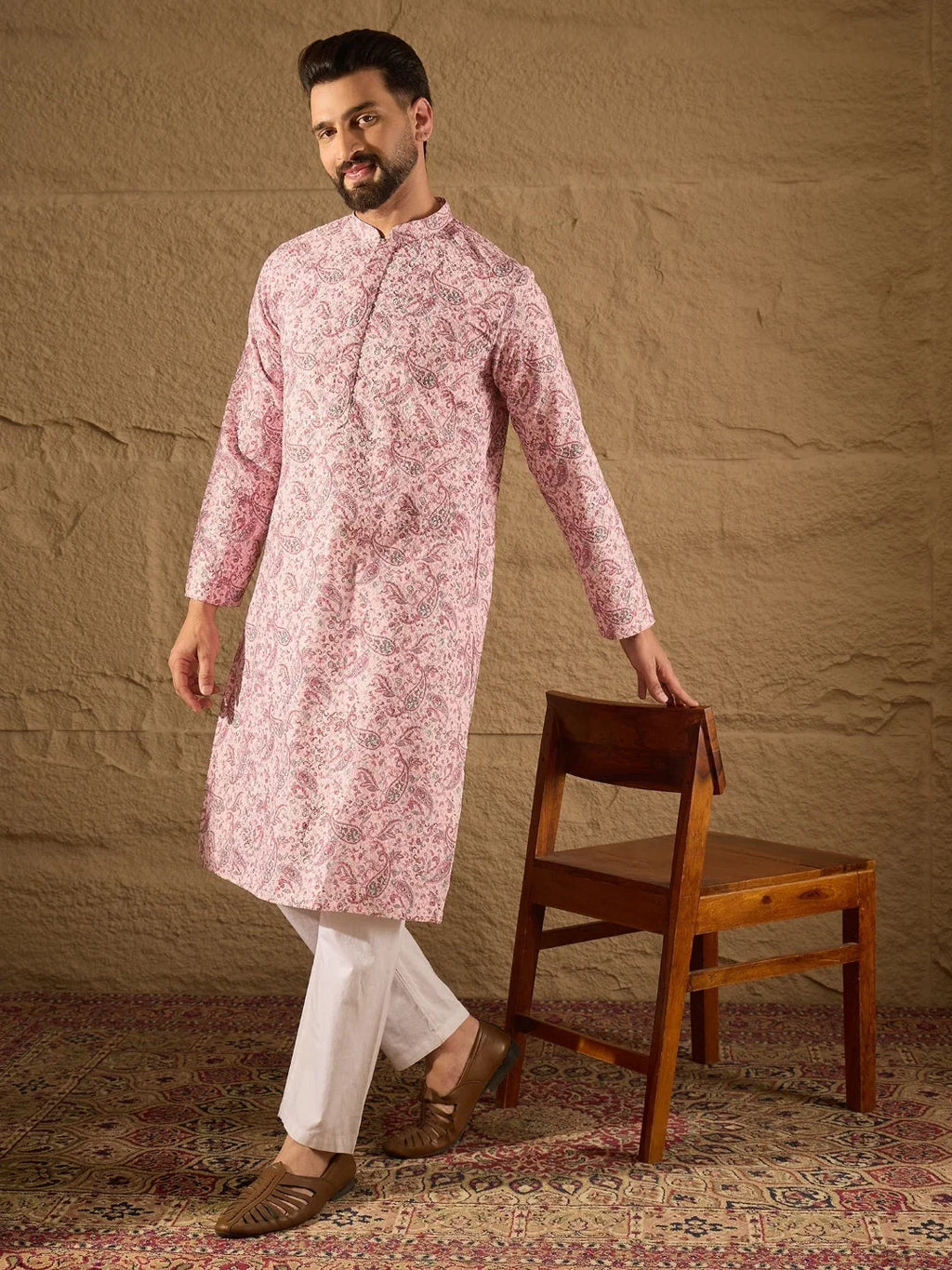Men Pink Viscose Rayon Ethnic Motifs Embroidered Straight Kurta-MKU1249