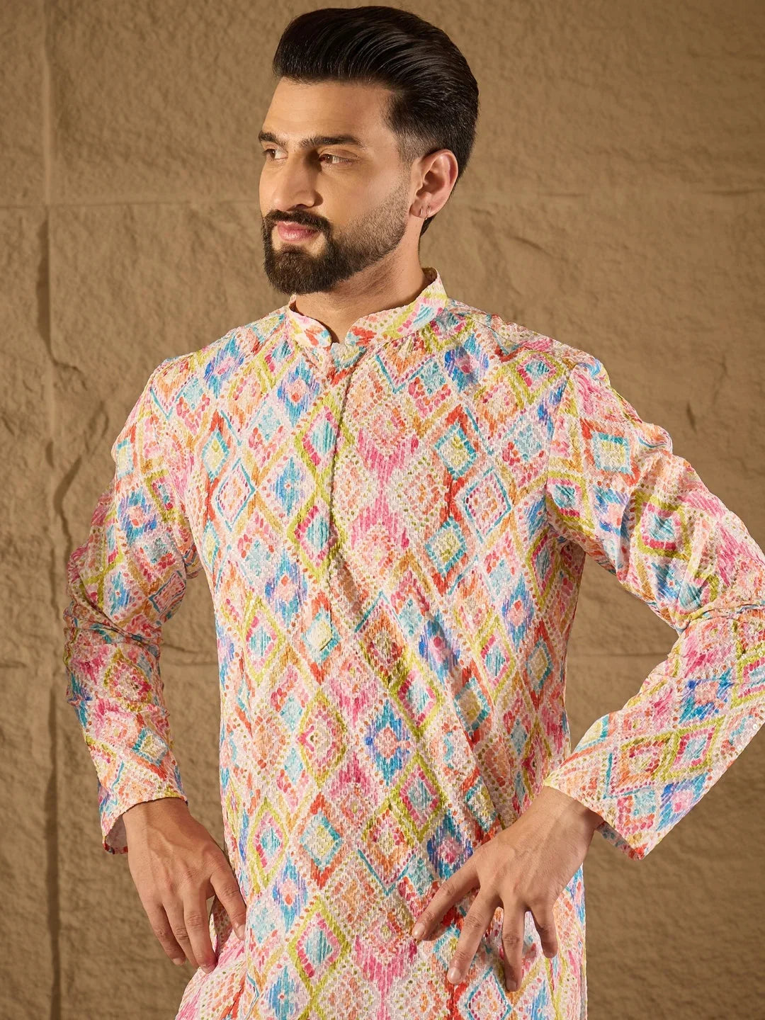 Men Multi Viscose Rayon Abstract Embroidered Straight Kurta-MKU1251