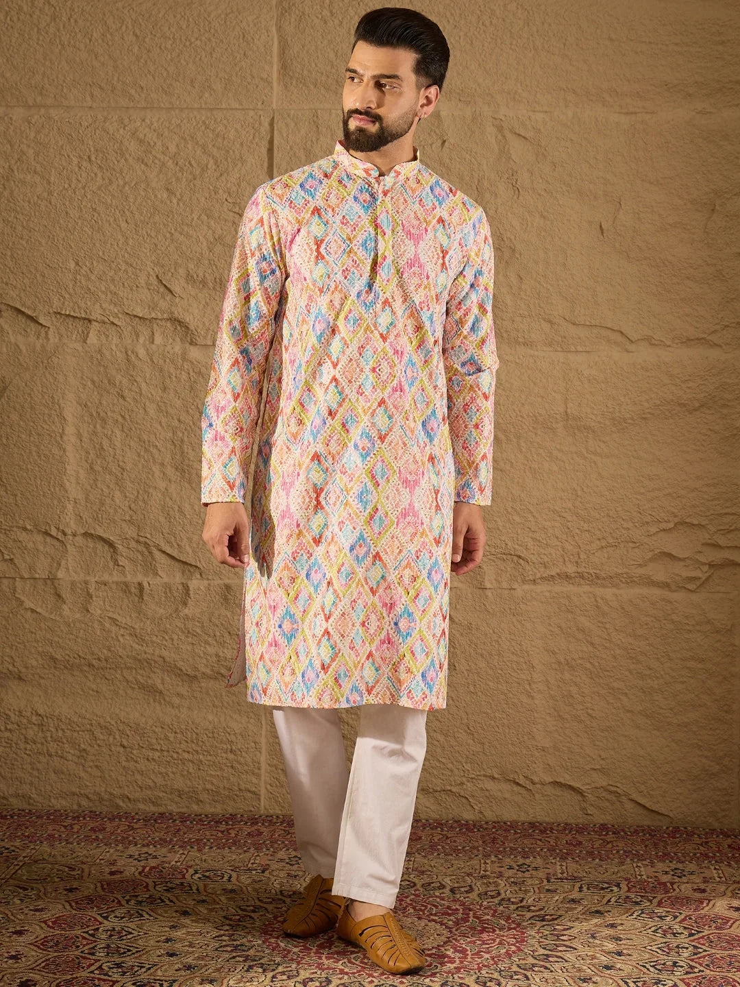 Men Multi Viscose Rayon Abstract Embroidered Straight Kurta-MKU1251
