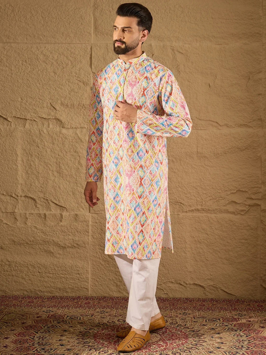 Men Multi Viscose Rayon Abstract Embroidered Straight Kurta-MKU1251