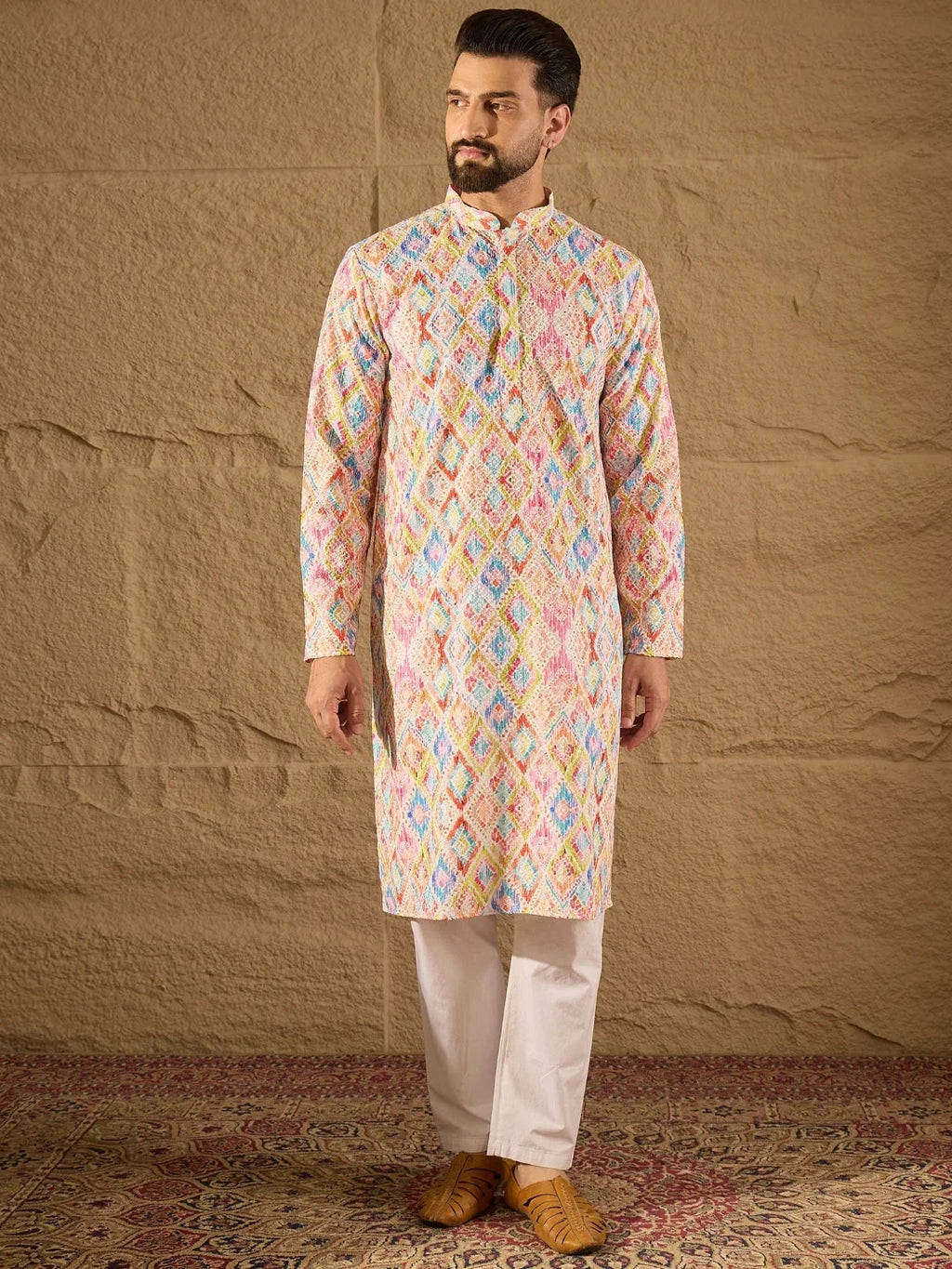 Men Multi Viscose Rayon Abstract Embroidered Straight Kurta-MKU1251