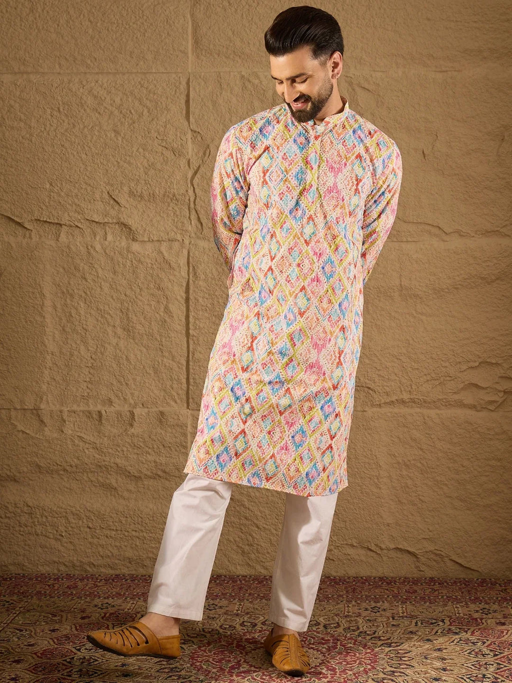 Men Multi Viscose Rayon Abstract Embroidered Straight Kurta-MKU1251