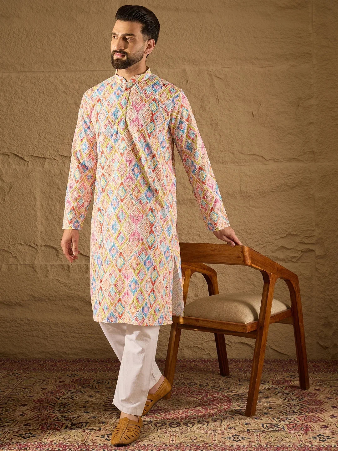 Men Multi Viscose Rayon Abstract Embroidered Straight Kurta-MKU1251