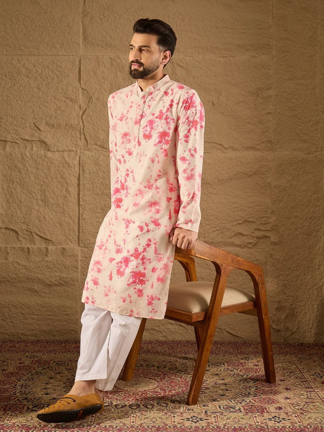 Men Peach Viscose Rayon Shibori Embroidered Straight Kurta-MKU1262