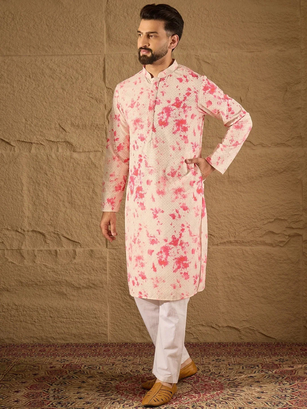 Men Peach Viscose Rayon Shibori Embroidered Straight Kurta-MKU1262
