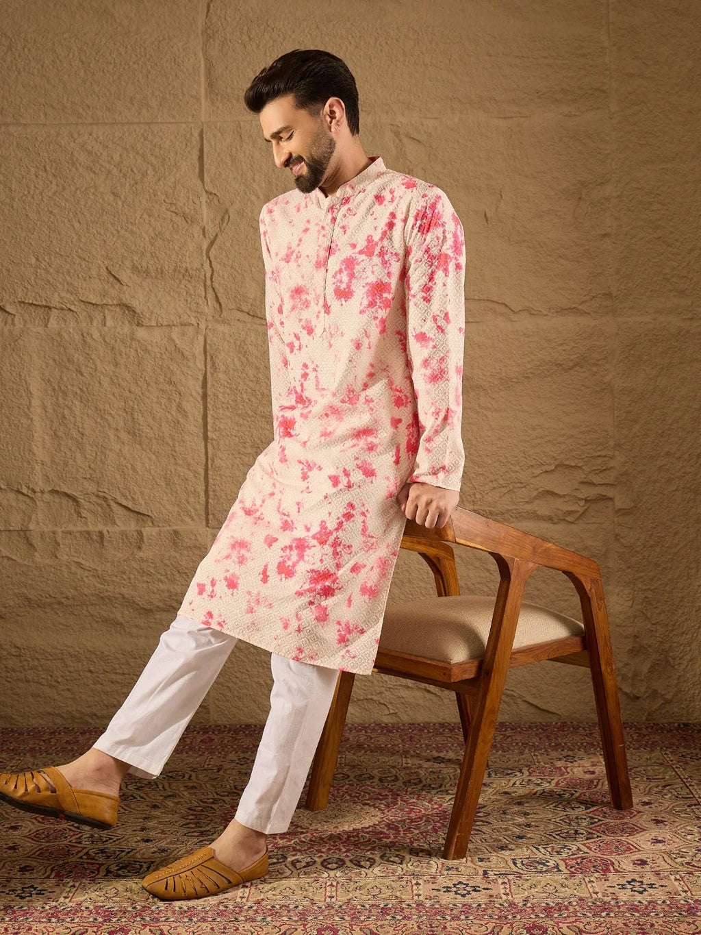 Men Peach Viscose Rayon Shibori Embroidered Straight Kurta-MKU1262