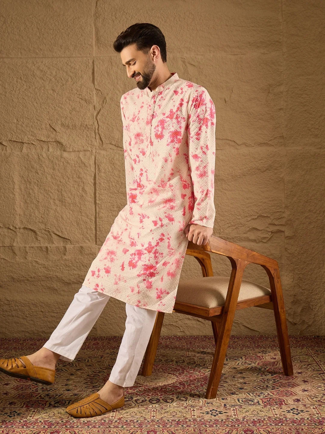 Men Peach Viscose Rayon Shibori Embroidered Straight Kurta-MKU1262