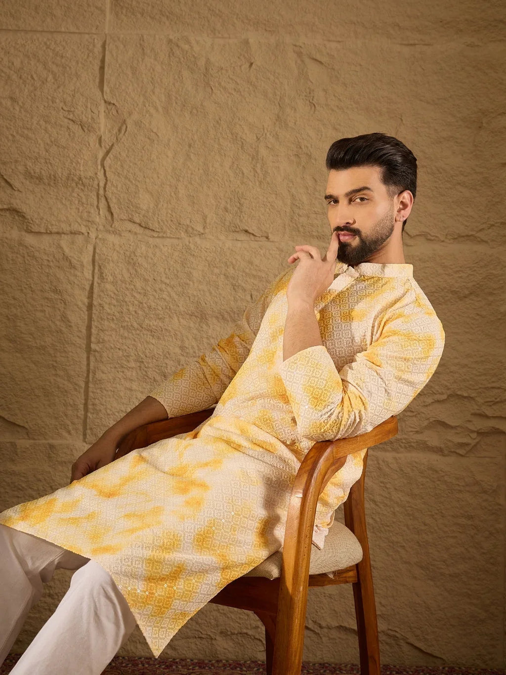 Men Yellow Viscose Rayon Shibori Embroidered Straight Kurta-MKU1263