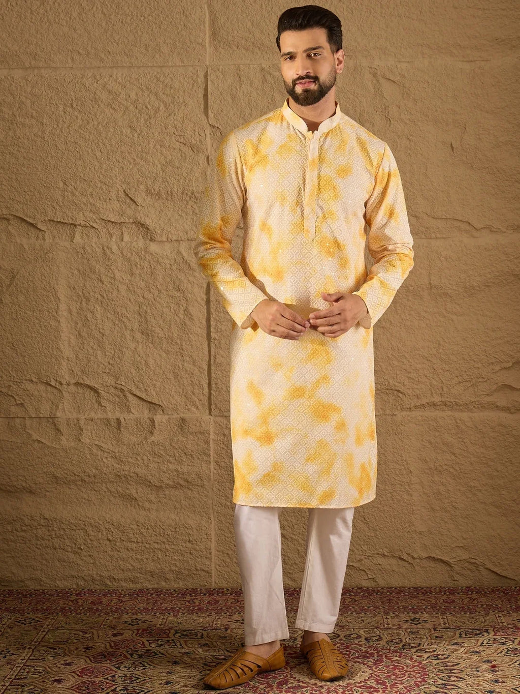 Men Yellow Viscose Rayon Shibori Embroidered Straight Kurta-MKU1263