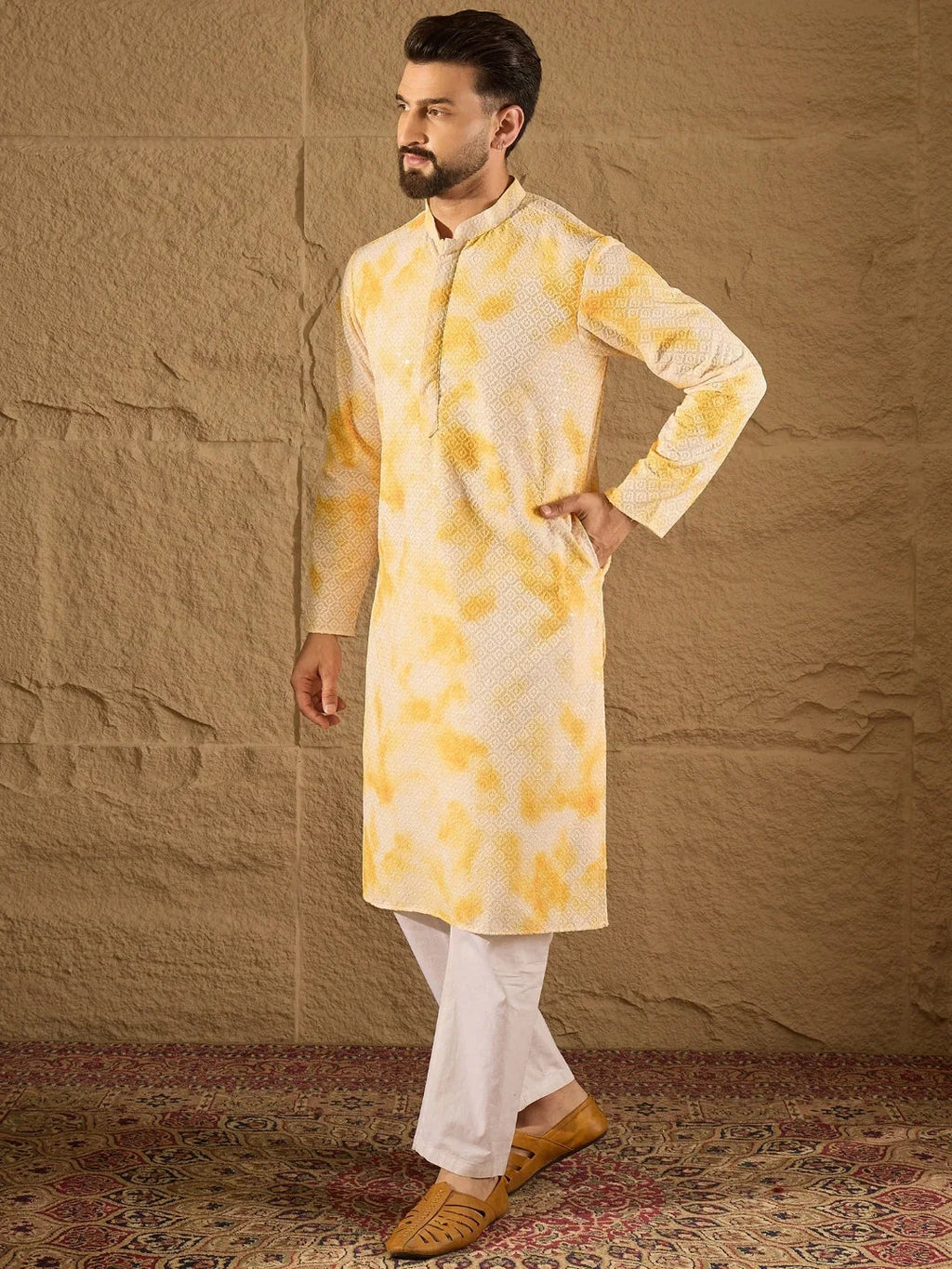 Men Yellow Viscose Rayon Shibori Embroidered Straight Kurta-MKU1263