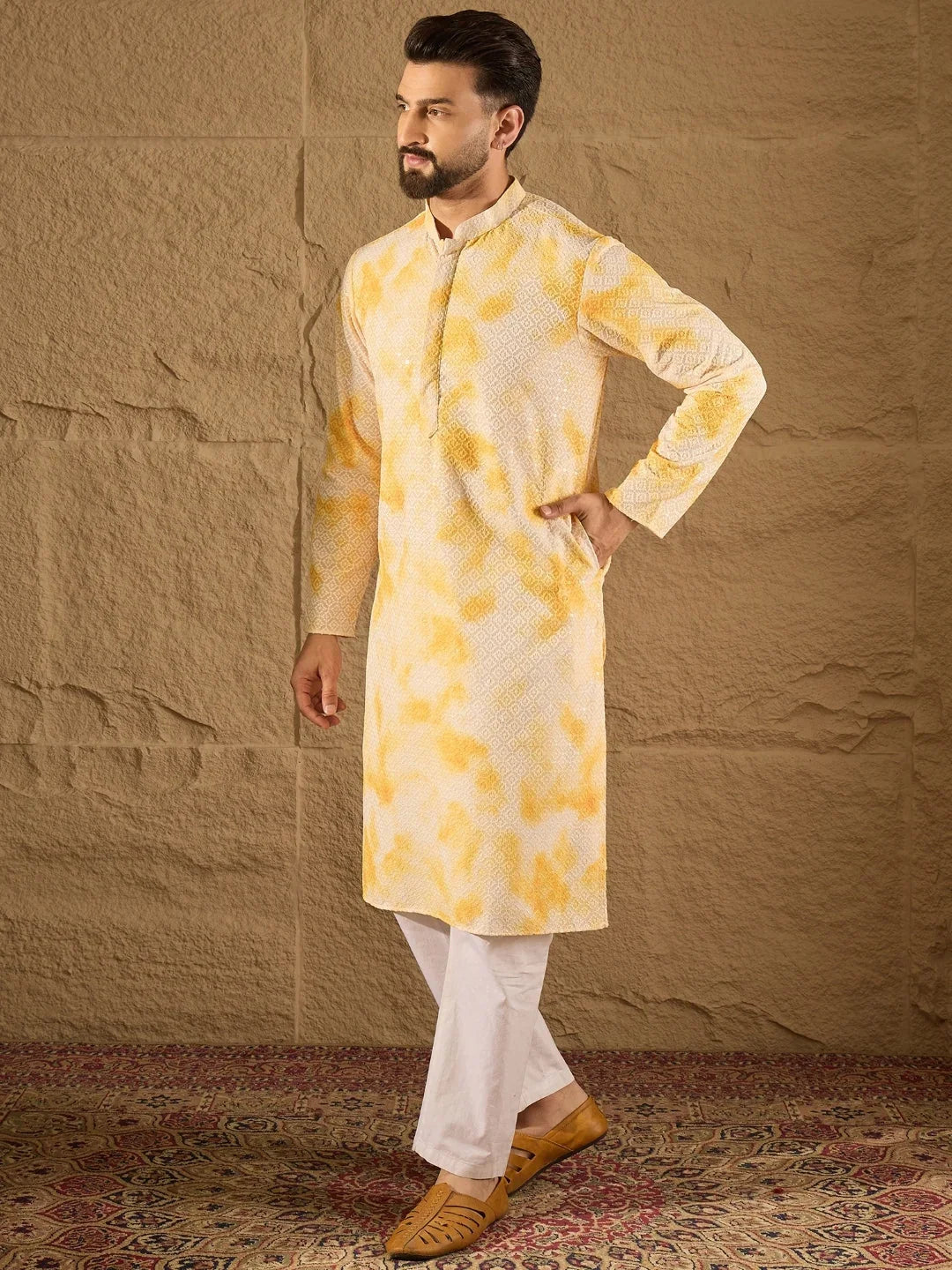 Men Yellow Viscose Rayon Shibori Embroidered Straight Kurta-MKU1263
