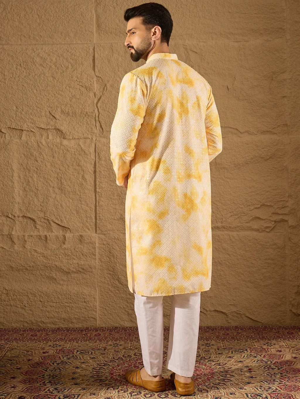 Men Yellow Viscose Rayon Shibori Embroidered Straight Kurta-MKU1263